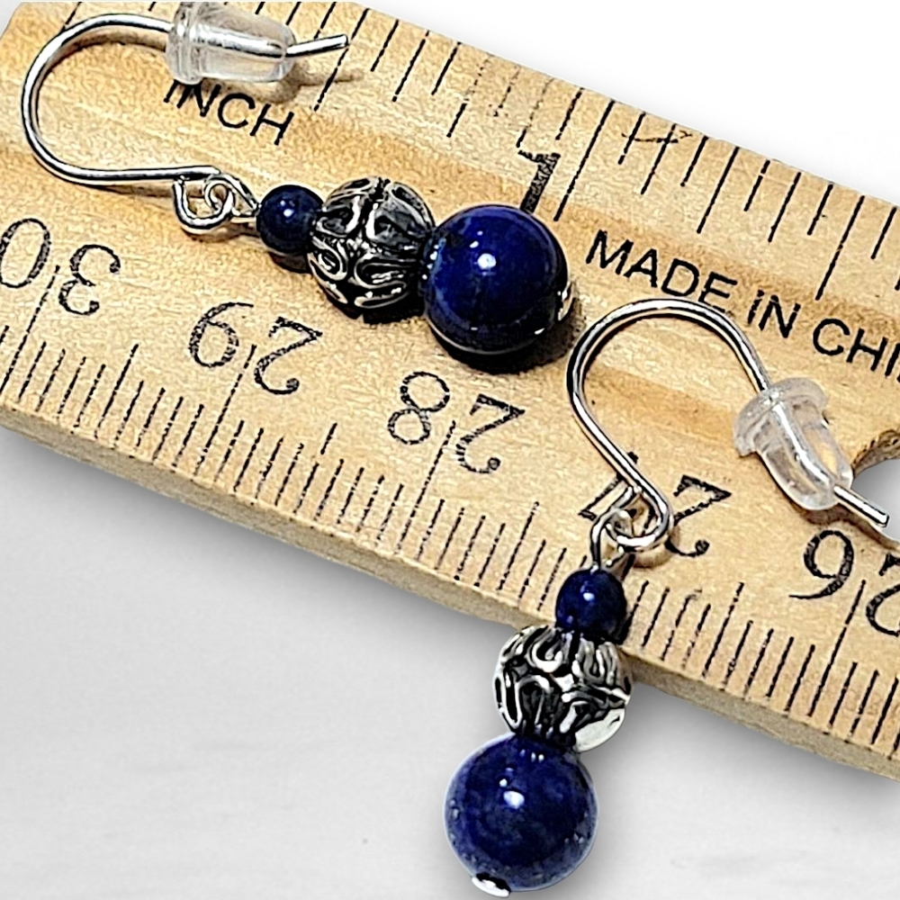 Hand Crafted Lapis Drop Earrings Lazuli Dainty Silver Tone - Picture 4 of 5